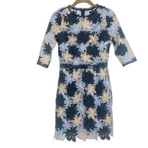 NWT Minuet Floral Lace Lined Cocktail Dress Blue & Cream, Size Small
